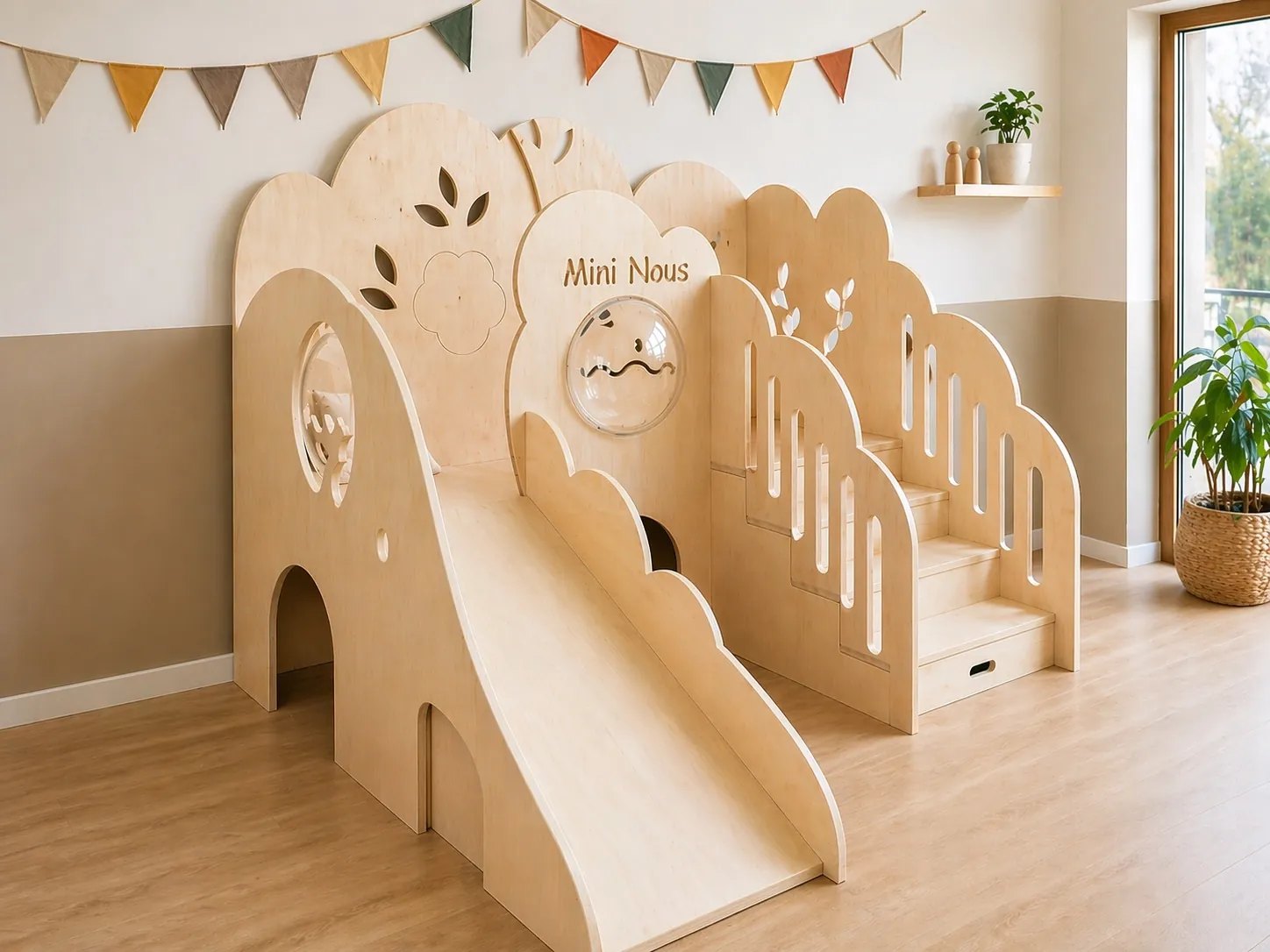 Module de motricité en bois dans une crèche