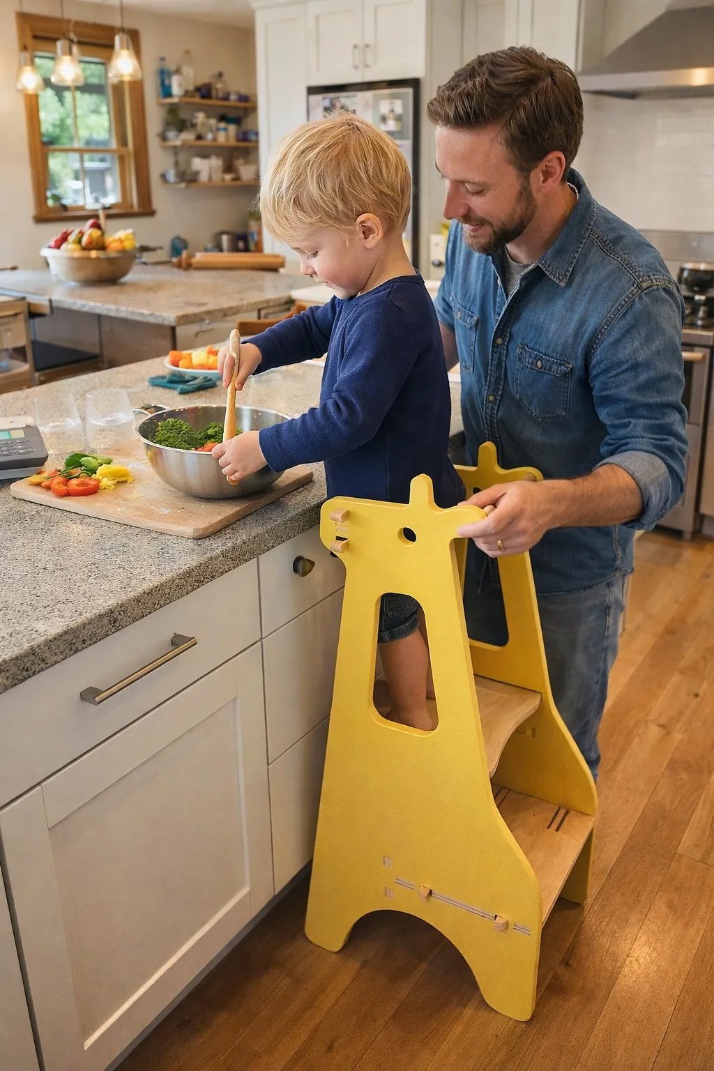 Enfant sur une tour d’observation Elysta dans la cuisine